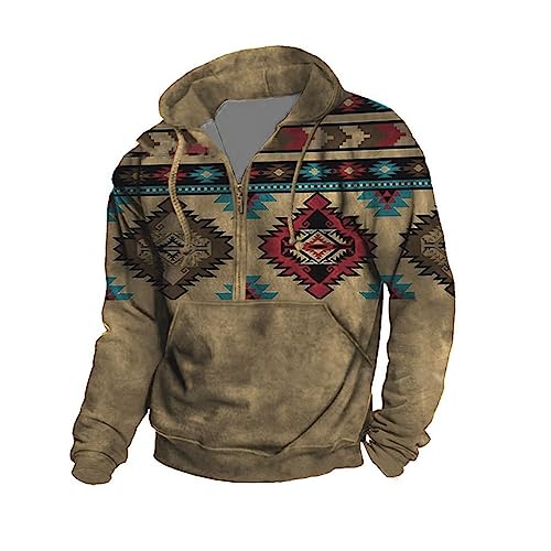 Western Aztec Hoodies for Men Ethnic Print Graphic Half Zip Pullover Sweatshirts