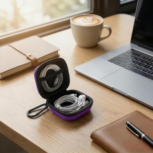 Image of Square Earbud Case with Carabiner, Portable Small Carrying Pouch for Wired /Wireless Earphones, EVA Travel Organizer Box for Charging Cables, USB Flash Drives, SD Cards, Purple
