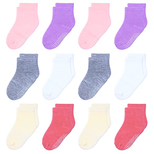 Toddler Socks Girls 3 4 5 Years Cotton Crew Kids Socks with Non-slip Grips 12 Pairs Kids Grip Socks for Children with Colorful design for Baby Children White/Gray/Purple/Pink/Yellow