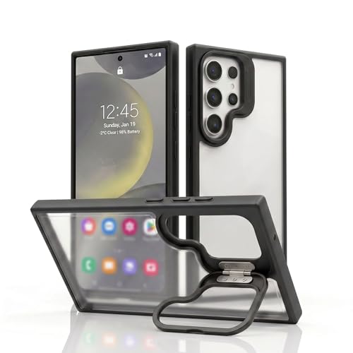 Image of amazon basics Frosted Matte Case for Samsung Galaxy S24 Ultra 5G | Built-in Flip-Out Camera Lens Stand | Translucent Back with Contrast Black Bumper | Shockproof Protective Cover