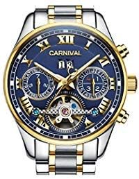 LOREO Mens Automatic tourbillon Multifunction Sapphire Gold Stainless Steel Waterproof Blue Dial Watch Blue dial with Stainless Steel Band
