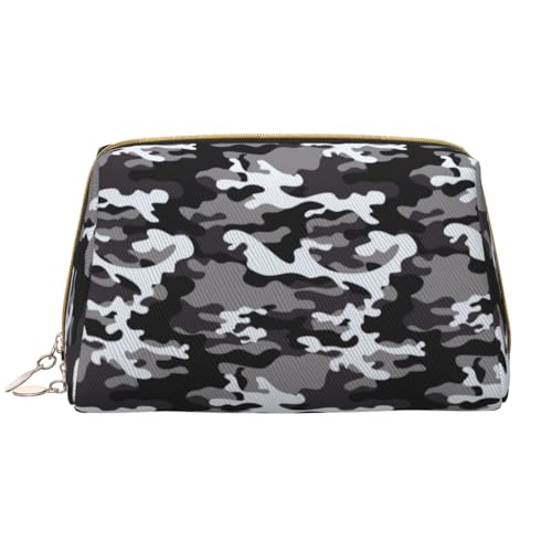 Novastar Bolsa de maquillaje grande de piel de PVC de camuflaje, color negro, gris y blanco, bolsa de maquillaje con cremallera, bolsa de maquillaje portátil para artículos de aseo