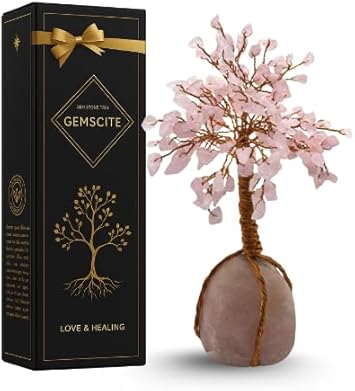 GEMSCITE Rose Quartz Gemstone Tree with Rough Base 5.50-6.50" Handmade Feng Shui Figurine Money Bonsai Good Luck Healing Crystals Golden Wire Balancing Table Room Decor Gift