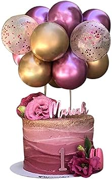 10 Pcs Chrome Cake Topper, Mini Gold and Pink Metallic 5 Inch Sequins Confetti Balloon Cloud, Happy Birthday Cupcake Decoration
