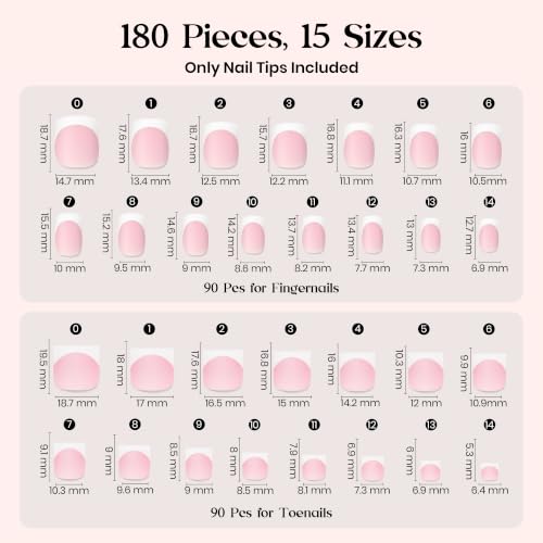 Image of Beetles French Tip Press on Nails and Toenails, 180 Pcs Pink French Nail Tips, 3 Hand Sets and 3 Toe Sets, 15 Sizes, Short Square DIY Manicure Pedicure Set