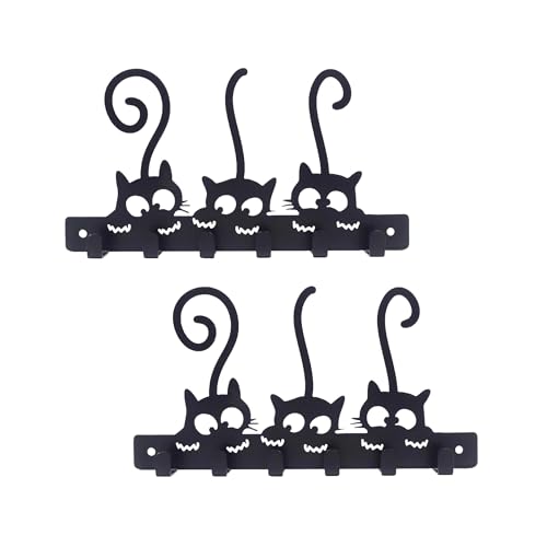 Image of Key Holder for Home, Metal Wall Mounted, 6 Hooks (Cat Duo) | Cat Design, Includes Mounting Screws, For Home Use, 6 Hook Hanger, Metal Construction