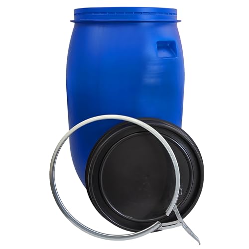 plasteo® 120 Liter Weithalsfass mit Deckel und Spannring Futtertonne Kunststofffass Universalfass Deckelfass Lebensmittelecht Wasserfass Regentonne Lagerfass | Stabile Griffmulden | Blau