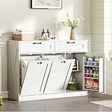 STHYTON Double Tilt Out Laundry Hamper Cabinet, 43.3' Laundry Storage Cabinet with 2 Removable Baskets, Farmhouse Wooden Hidden Trash Bin Cabinet with Open Shelving, for Bathroom, White