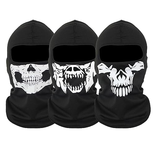 3 Piece Ghost Mask Skull Balaclava,Multifunctional Motorcycle Face Mask, Full Head Ski Snood Mask Windproof Warmer Headwear for Outdoor Sport Bike Skateboard Snowboard Cosplay
