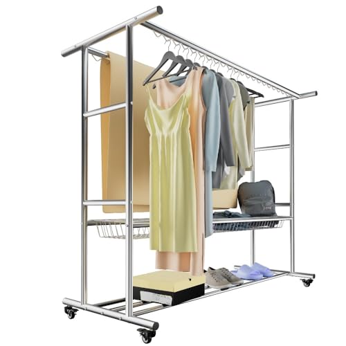 Qcesorib Tendedero con 4 Ruedas, Tendedero Ropa Móvil con Marco de Pantalla, Tendederos Interior o Exterior con Zapatero, para Balcón, Patio, Hotel