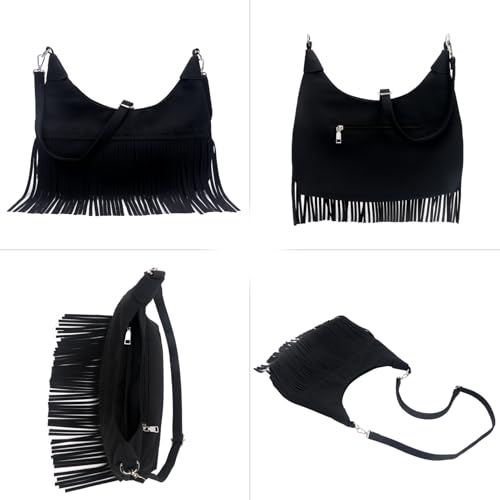 Image of Fringe Hobo Crossbody Bags for Women Cowgirl Western Crescent Purse Vegan Suede Hippie Shoulder Bag Bohemian Handbag