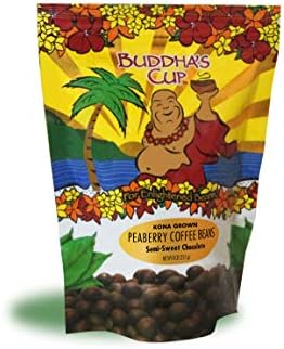 Chocolate Covered Coffee Beans by Buddha's Cup Semi-Sweet Chocolate Covered Peaberry Coffee Beans - 100% Kona Coffee - 8oz bag
