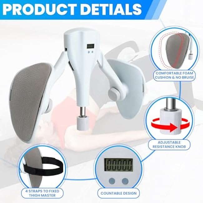 Thigh Exerciser - 0-44 lbs Adjustable Resistance Kegel Exerciser, Pelvic Floor Muscle, Postpartum Thigh Workout Equipment, Thigh Toner with 4 Straps for Home, Office, Gym Use