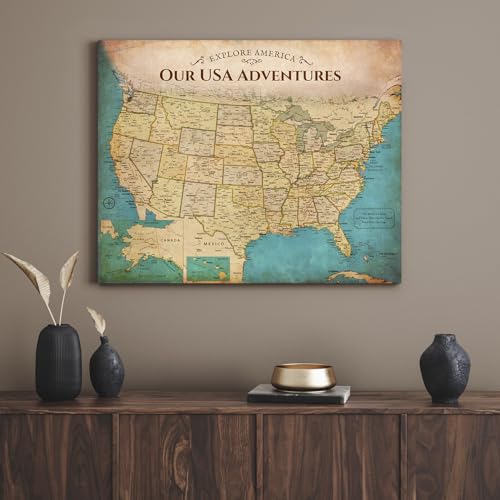 Image of DECORARTS - Push Pin Travel Map USA, US Maps for Wall, Antique Vintage Old United States Pin Board Canvas Wall Art, Giclee Print on Canvas, Handcrafted in USA, 20x16''