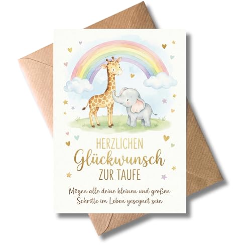 WBdesignz Karte zur Taufe - Herzlichen Glückwunsch zur Taufe - Glückwunschkarte mit Umschlag für Mädchen Jungen Kinder - Tiermotiv mit Elefant Giraffe Regenbogen - Taufkarte mit Spruch (DIN A6)
