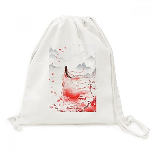 Sac à dos à cordon en toile résistant motif Mei XUE aquarelle rouge
