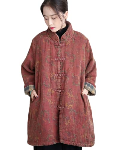 NFYM Vestes en coton rembourrées pour femmes de longueur moyenne à longue, vestes d'hiver style kimono long et ample, style chinois, rouge foncé, Taille unique