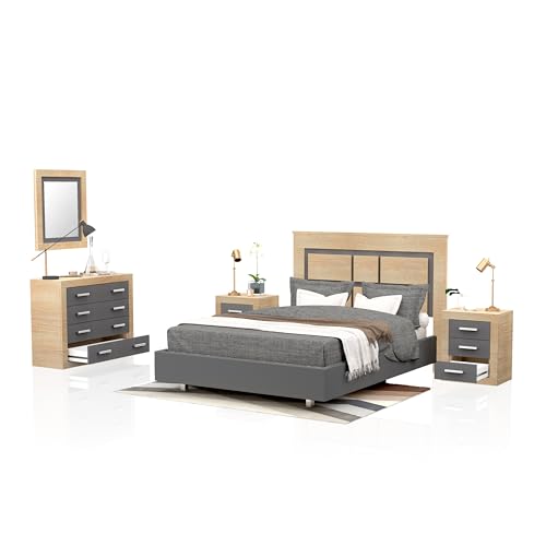 duehome | Conjunto de Dormitorio Kira 4c - Cabecero + 2 Mesitas de Noche + Comoda y Espejo, Acabado en Cambria y Grafito