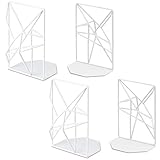 SRIWATANA Book Ends White, Decorative Metal Bookends for Shelves, Unique Geometric Design(2 Pairs/4 Pieces)
