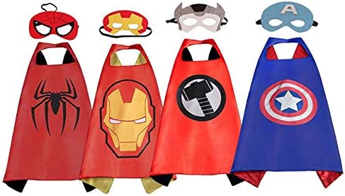 Superhero Dress up Costume Cape and Mask Set with Drawstring Backpack for Kids, Birthday Party Children 4 Packs