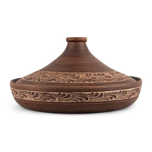 Handmade Red Clay Stoneware Tajine. Engobe Décor, Tajine with Cer...