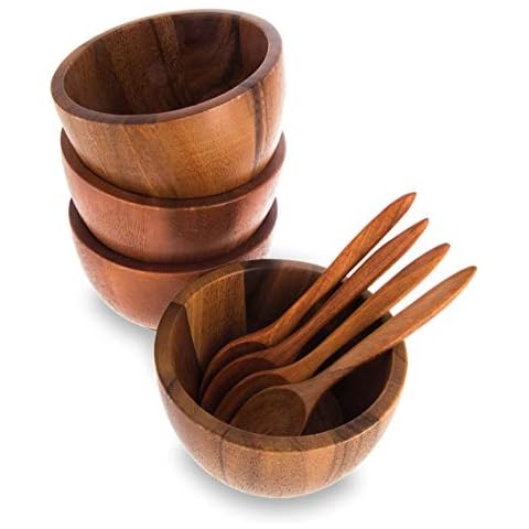 BestySuperStore Mini Acacia 4" Wood Bowl, Small Side dish bowl for Salsa Dressing, Rice, Dip Sauce, Nuts, Candy, Fruits, Appetizer, and Snacks, Dia 4"x 2.5 H - Set of 4 (FREE 4 Wood Spoons) Cover