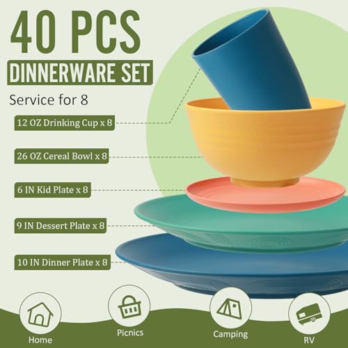 Image of Wheat Straw Dinnerware Set 40 PCS - Service for 8 | Plates and Bowls Sets | Unbreakable Dishes Set - Dinner Plates, Dessert Plate, Cereal Bowls, Drinking Glasses, Dishwasher Safe - Multi