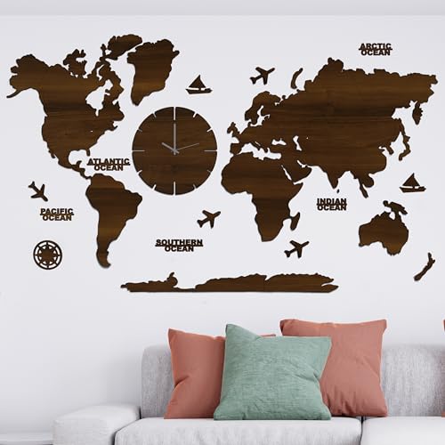 Image of rawpockets - 3D Wooden World Map With Clock Wall Decor | Wall Art, Wall Hangings & Gift | Travel Map | Living Room Wall | Bedroom Wall | Working Space - Dark Walnut Color - Large Size(180 X 105 CM)