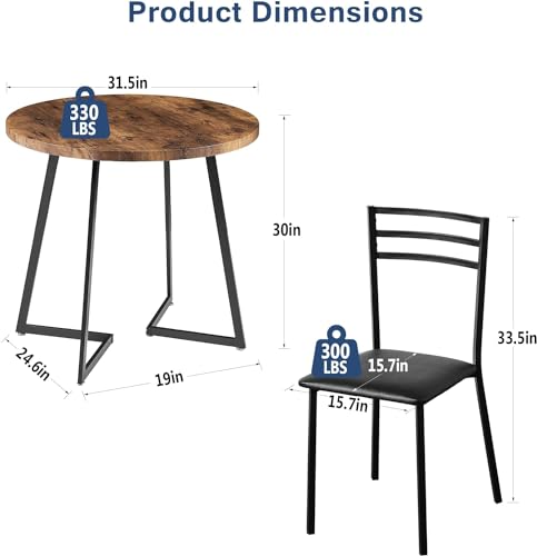 Image of VECELO Round Kitchen Table with 2 Upholstered Chairs, 3-Piece Wood Dinette Sets with Steel Frame for Breakfast Nook, Dining Room, and Small Space, Antique Brown