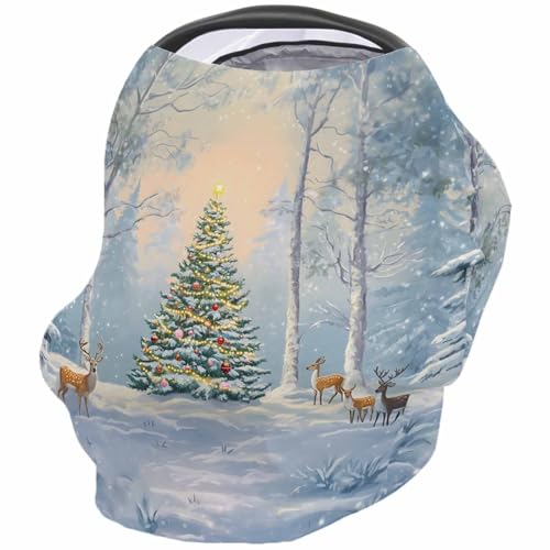 Nursing Cover for Breastfeeding Scarf, Merry Christmas Tree Winter Forest Deer Baby Car Covers Super Soft Multi Use for Canopy Shopping Cart Cover Blanket Stroller Cover