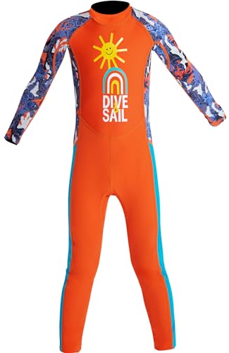 SEAUR Kids Wetsuit for Boys One Piece Swimsuit Back Zip Long Sleeve UPF 50+ Diving Surfing Full Body Swimwear Orange XL