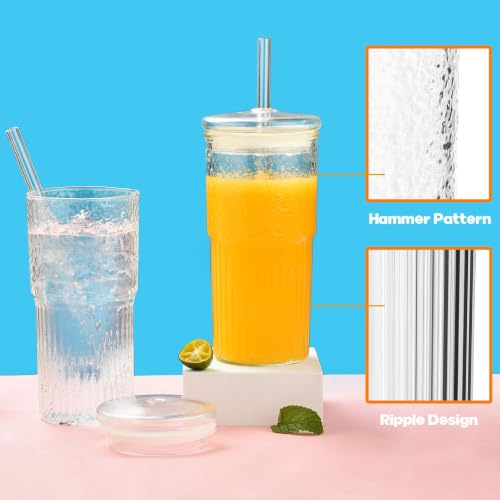 Image of Glass Tumblers with Glass Lids and Straws - 600ml, Set of 1, Stylish Vintage Ribbed Design for Iced Coffee, Juice, Smoothies, Milkshakes, Cold Beverages & Whiskey Cocktail Beer