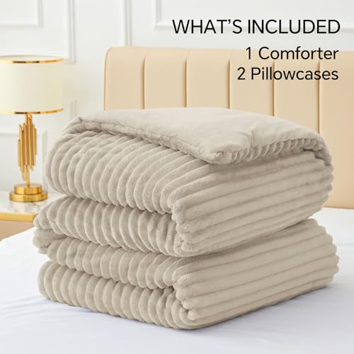 BEDELITE Fleece King Comforter Set -Super Soft & Warm Fluffy Linen Bedding, Luxury Fuzzy Heavy Bed Set for Winter with 2 Pillow Cases