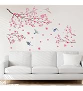Auliuse Flower Birds Wall Decals Pink Floral Wall Stickers, Peel and Stick Removable Vinyl Wall D...