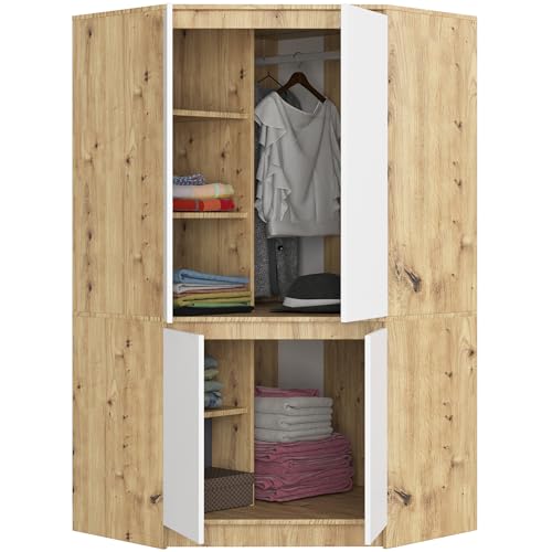 BDW - Armoire d’angle Chambre à Coucher - Grande Armoire 100 cm de Large, 180 cm de Haut - Tringle et étagères - Chêne Artisan, Blanc