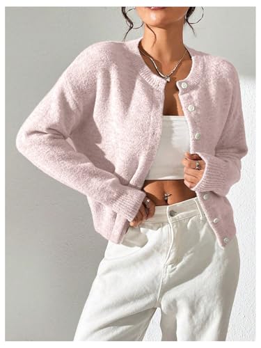 Image of SweatyRocks Women's Fall Button Down Lightweight Cardigan Ribbed Knit Long Sleeve Crew Neck Sweater