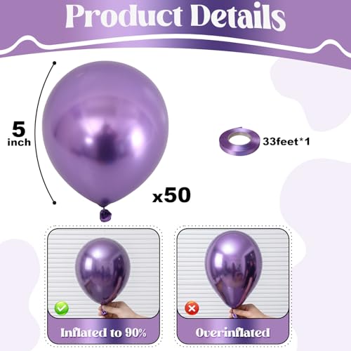 Image of Togvu Metallic Purple Balloons, 50Pack 5 Inch Small Mini Chrome Purple Latex Party Balloons for Birthday Wedding Bridal Baby Shower Bachelorette Decorations Supplies