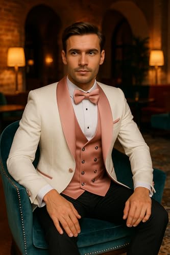 Men's White and Blush Pink Tuxedo with Satin Shawl Lapel and Black Contrast Pants2