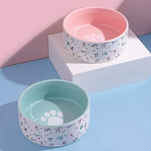 Fun Elements Dog Bowls, Ceramic Dog Food Water Bowls For Medium Large Dogs, 64 Fl Oz Heavy Dog Bowl Dog Dish With Adorable Patterns (Blue) #TOP6
