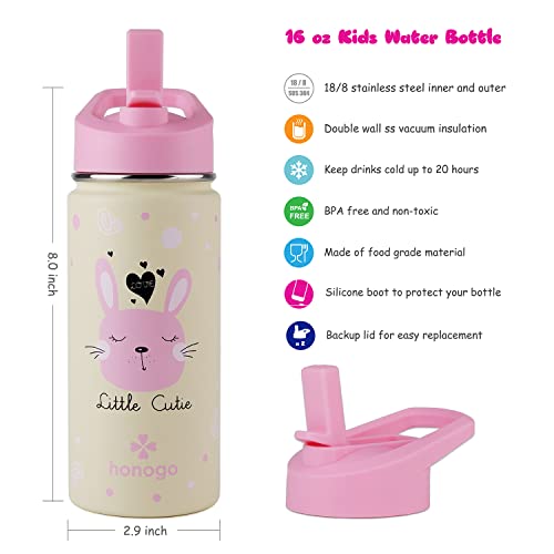 Honogo 16 Oz Stainless Steel Insulated Kids Water Bottle, Leak Proof Metal Thermos Flask With Straw Lid, Cute Toddler Tumbler Cup For School Girls & Boys (Pink, Bunny) #TOP1