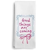 Qeheb Preppy Pink Bow Kitchen Towels, Good Things are Coming Girly Room Decorative Kitchen Towels, Trendy Pink Blue Inspirational Positive Dorm Hand Dish Tea Towels for College Apartment Dorm 16X24In