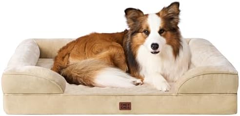 EHEYCIGA Orthopädisches Hundebett Grosse Hunde, 104x69cm, Hellbraun | Orthopädischer Eierkistenschaum, Waschbarer und Wasserdichte Bezug, Rutschfester Boden, Reversibles Design, At