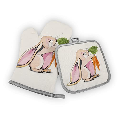 Kitchen Oven Mitts And Pot Holders Sets,Spring Cute Bunny Rabbit Print Oven Gloves And Potholders,Heat-Resistant Oven Gloves And Hot Pads For Cooking,Baking Grilling Spring/Summer,Gifts For Women #TOP6