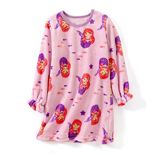 BLOMDES Chemise de nuit en flanelle à manches longues pour fille de 3 à 12 ans Blanc, Violet sirène., 3-4 ans Cover