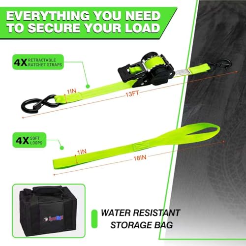 Image of Retractable Ratchet Straps 1 inch x 13Ft, Heavy Duty Self Retracting Tie Down Straps, 1800lb Break Strength Auto Retract Cargo Straps for Truck, Trailer, Motorcycle, ATV, UTV, (Fluorescent Green, 4 Pack)