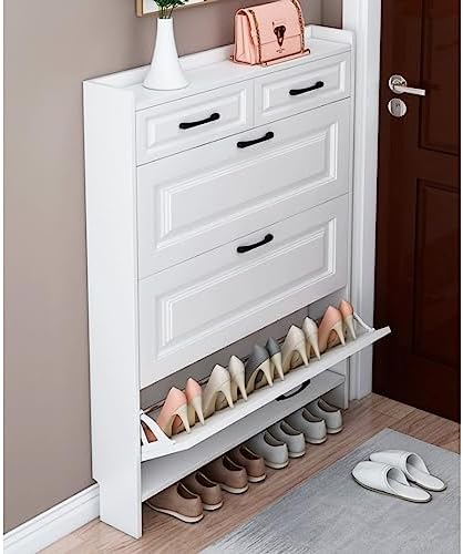 Modern Slim Shoe Cabinet with Air Holes, 3-Tier Wooden Cupboard, 2-Drawer Pull-Down Shoe Rack for Hallway & Bedroom Storage, Space-Saving Design