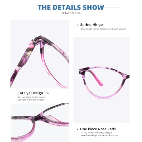 Image of Reading Glasses for Women feature lightweight anti-blue light lenses, spring hinges, cat-eye frames, anti-fatigue protection, UV resistance, and a classic and fashionable appearance(1.00x)