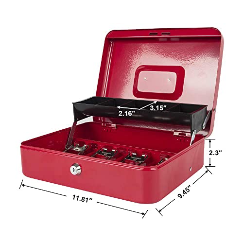 Image of KYODOLED Locking Cash Box with Lock,Money Box with Cash Tray,Lock Safe Box with Key,Money Saving Organizer,11.81Lx 9.45Wx 3.54H Inches,Red XL Large
