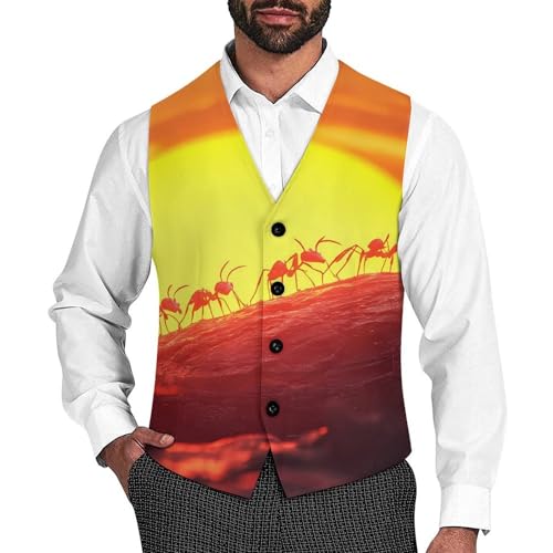Ant Carrying Wood Sunset Suit Vest for Men Waistcoat Dressy V Neck Button Down Sleeveless Business Jacket Coat