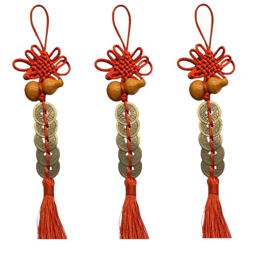 3 Amuleto De La Suerte Chino Feng Shui, Monedas Chinas Feng Shui Colgante Oranment, Monedas Chinas Y Colgante De La Suerte De Calabaza, Decoración De Borlas De Monedas De Nudo Chino para La Ventana
